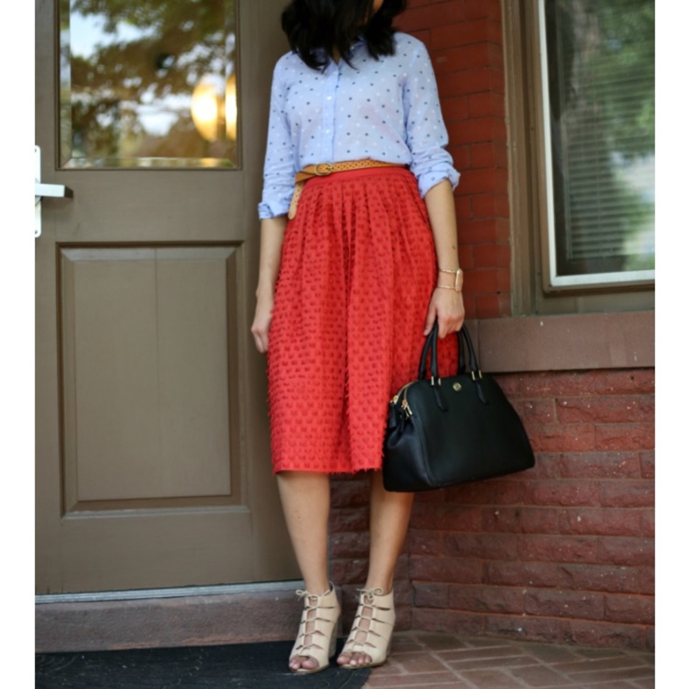 J. Crew Rust Red Orange Clip Dot Midi Skirt